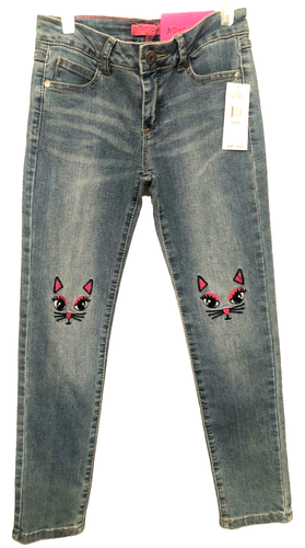 Betsey Johnson Mädchen dünne blaue verblasste Jeans Embr. Katzengesicht Größe 8 NEU mit Etikett