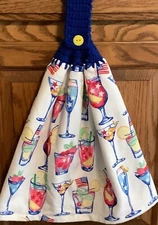 Double hanging kitchen towel USA patriotic drinks crocheted blue  top