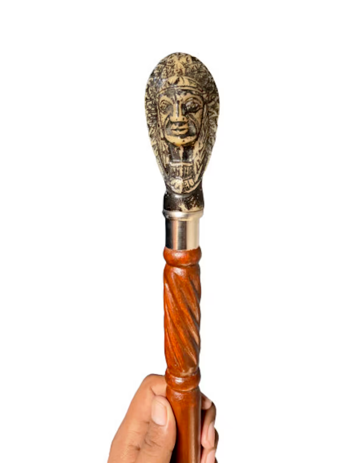 Antique Indian Chief Man Walking Stick 2 Fold Decorative Cane Walking