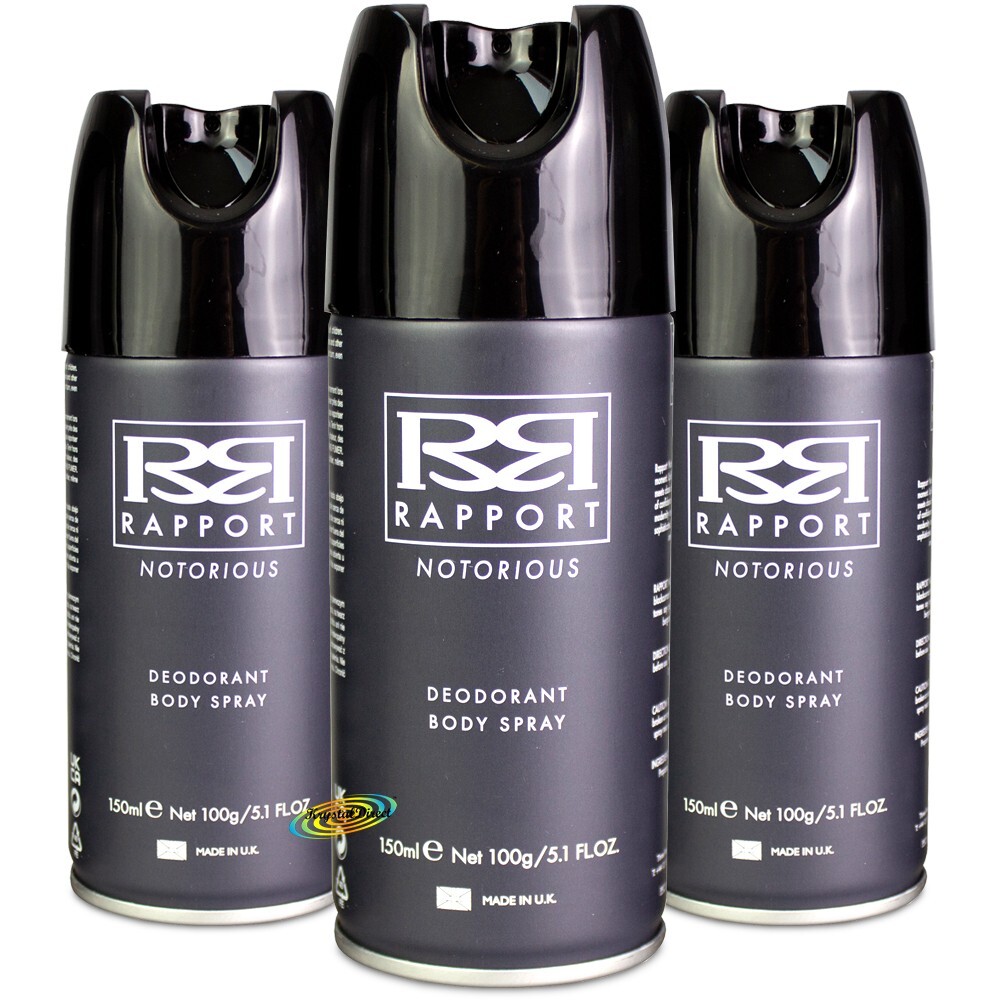 3x Rapport Notorious Long Lasting Masculine Deodorant Body Spray Men 150ml Grey