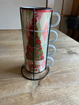 Pier 1 Imports 4 Stackable Christmas Mugs With Holder 6 oz X-Mas Tree Cups READ