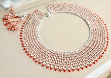 Vintage Handmade Beaded Collar Necklace   Orange and White, 15"