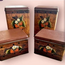 Vintage J.L. Clark Strawberry Blossom on Wood Canisters Set of 4