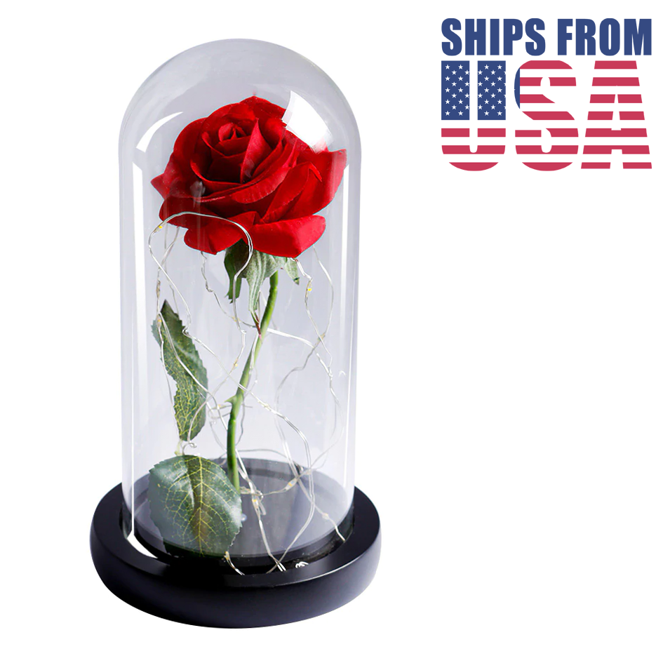 Red Rose In Crystal Clear Glass Dome with Soft White LED Lights