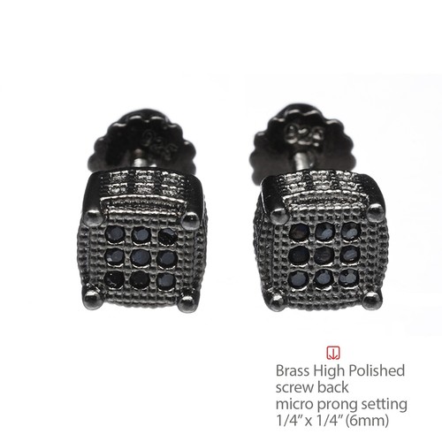 3D Oval Square Screw Back Hip Hop Earrings Pave Black CZ Hand Set 977 3T - Picture 2 of 3