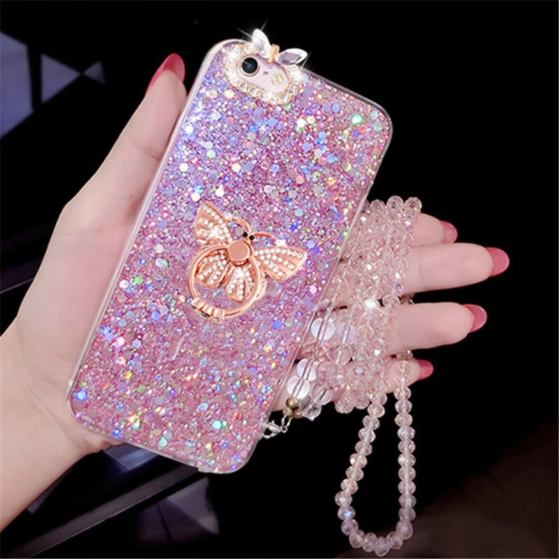 Funda protectora con soporte de anillo de diamantes de imitación brillante para varios teléfonos para mujer Foto 3 de 4