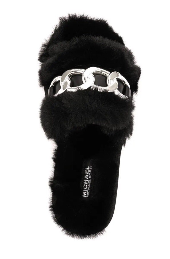 MICHAEL KORS Scarlett Faux Fur Slippers Silver Chain Super Comfy Size 39