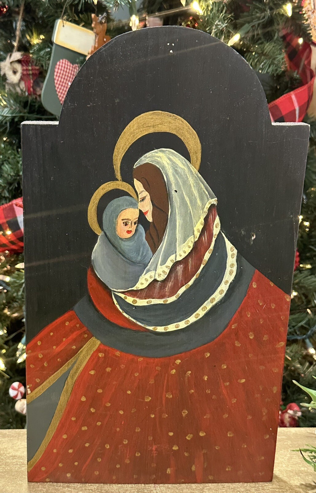 Hand painted icon Christ Child Virgin Mary On Wood Hanging Art