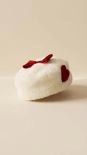 Vintage Ivory Angora Beret   ORLON Fuzzy Hat with Red Velvet Bow  Heart