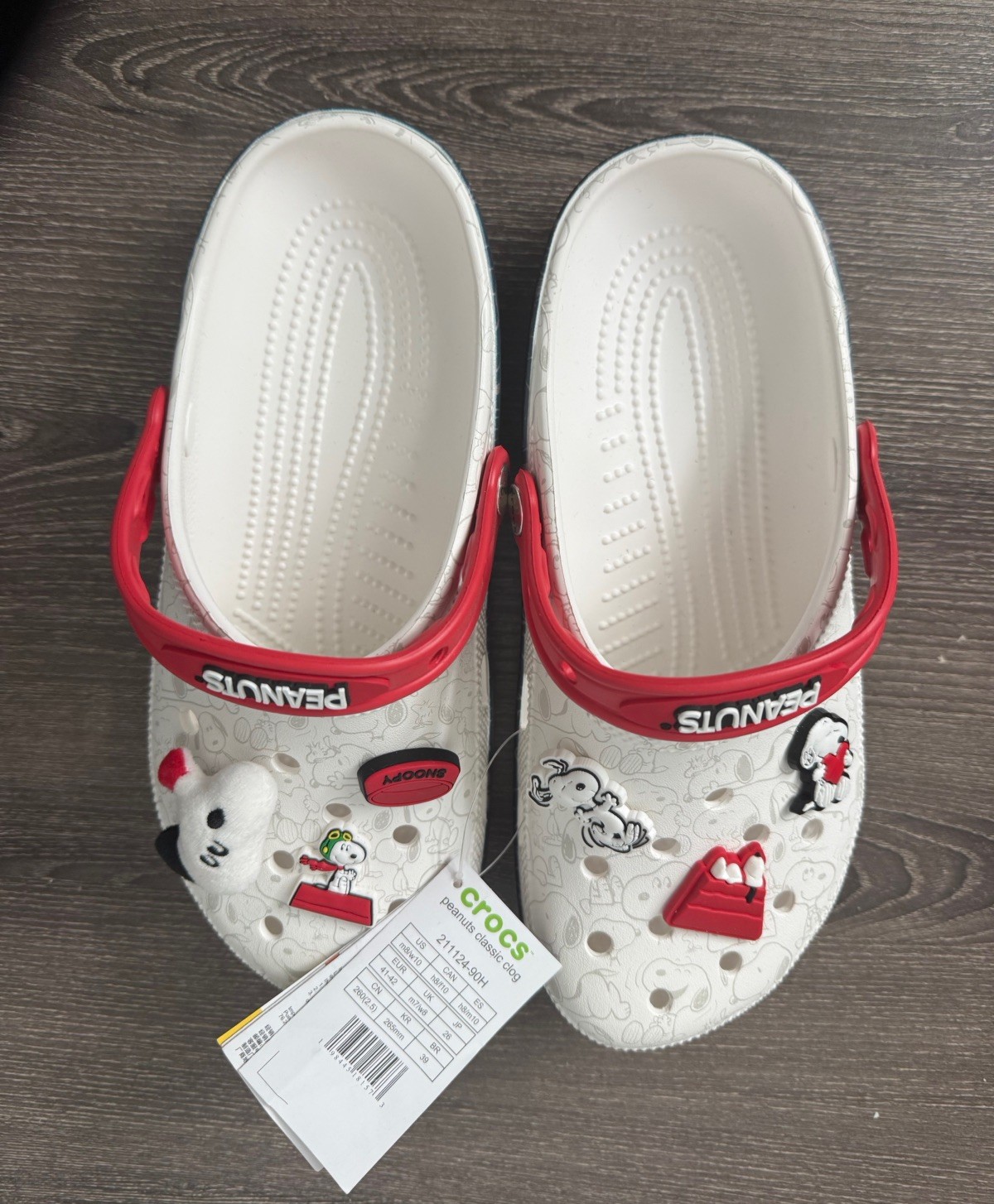 NEW Crocs x Peanuts Snoopy Classic Clog White/Red Unisex M8/W10 w/ Jibbitz image 4