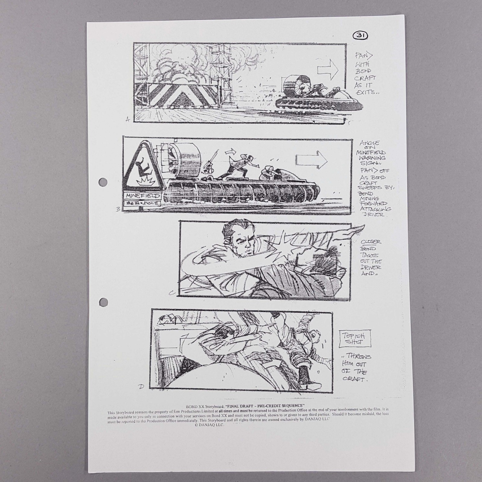 James Bond DAD Storyboard Bond Throws Driver Off Craft Pre-Credit Sequence Prop