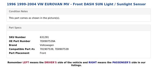 VW EUROVAN MV 1996 1999-2004 - luz solar del tablero delantero / sensor de luz solar - Imagen 3 de 4
