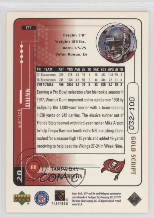 1999 Upper Deck MVP Gold Script /100 Warrick Dunn #177 - Image 2 of 2
