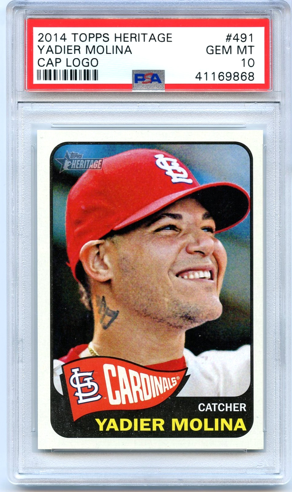 2014 Topps Heritage YADIER MOLINA Cap Logo Swap Variation SSP #491 PSA 10 *POP 1
