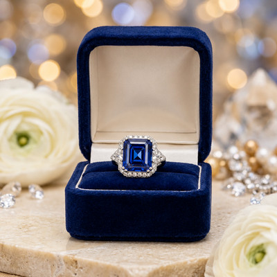 IGL Certified 7.00Ct Natural Sapphire & Diamond Wedding Gift Ring 14K White Gold