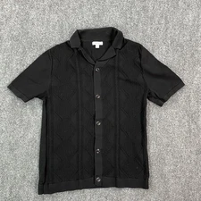 Reiss Shirt Mens Medium Black Knit Camp Collar Button Front Short Sleeve Retro