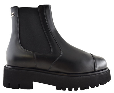 Chanel 24B Black Calfskin Leather CC Logo Pull On Chelsea Ankle