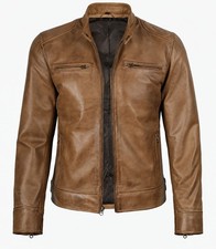 Men's Handmade Brown Leather Cafe Racer Motorcycle Biker Jacket Slim Fit