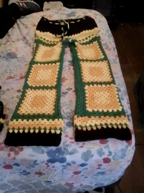 Handmade Crochet Women’s Granny Square Pants Acrylic Green Yellow Gold Black