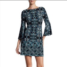 Vince Camuto Printed Flare Sleeve Dress Paisley Floral Size 10 Blue Bell Sleeves