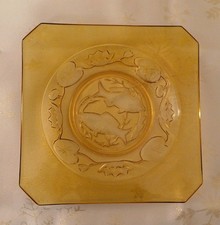 Bagley Art Deco Amber Glass "Fish/Water Lilies " Plate Width 23cm Used VGC