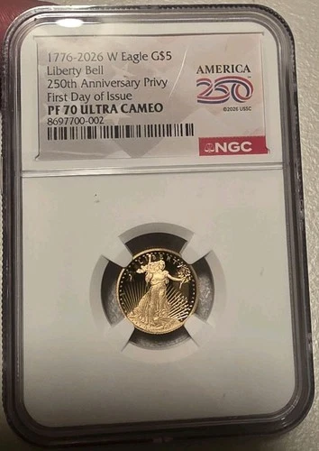1776-2026 W Proof $5 American Gold Eagle 1/10 oz NGC PF70UC  First Day Bell