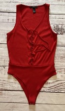 FOREVER 21 Red Ribbed Lace Up Bodysuit Women's Size S