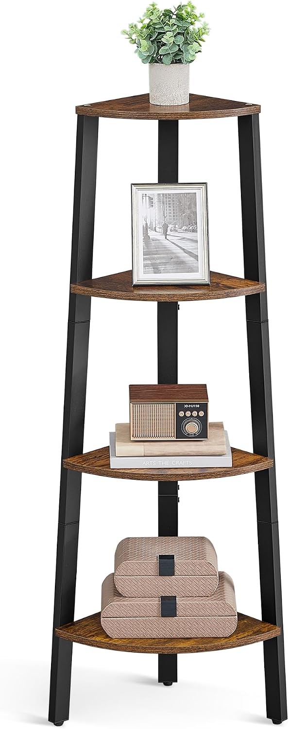 Antique Corner Shelf Rack, Rustic Brown + Black - Image 3