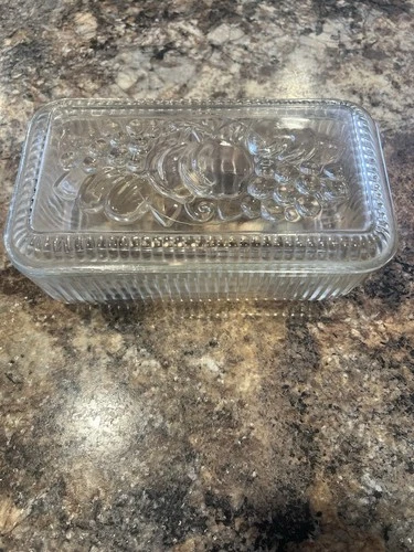 VINTAGE FEDERAL GLASS EMBOSSED FRUIT RIBBED REFRIGERATOR DISH 9” x 5” EUC