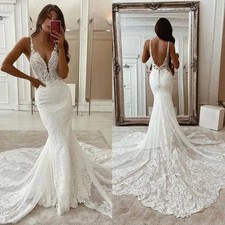 Sexy Mermaid Wedding Dresses Spaghetti Strap Backless Lace Applique Bridal Gowns