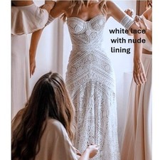 Liposa Lace Wedding Dress Women White Nude Good Mermaid Sweeping Train Arm Bands