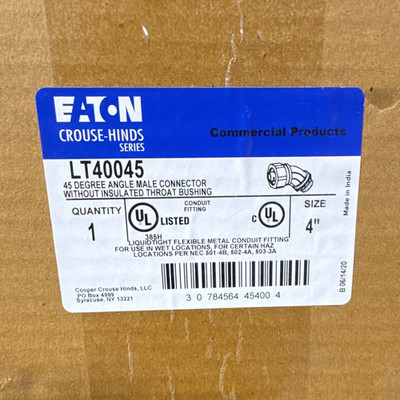 Eaton Crouse-Hinds LT40045 Liquid-Tight 4in 45° Male Threaded Connector