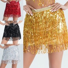 Ladies Elastic Waist Glitter Sequins Skirt with Fringes for Night Out and Event