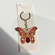 Sparkly Red Rhinestone Butterfly Gold Tone Keychain Bag Charm