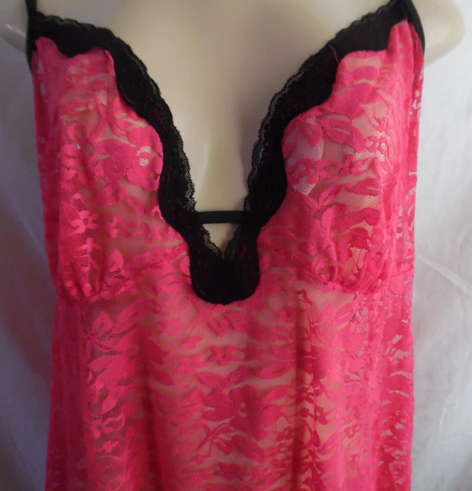 -PINK BLACK LACE BABYDOLL SPAGHETTI STRAPS CHEMISE NIGHTGOWN BRA XL 16 - 18 - Image 4 of 4