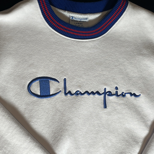 Champion Men Reverse Weave Sweatshirt Large EUC White W/ Red Blue Trim Preppy - Picture 4 of 16
