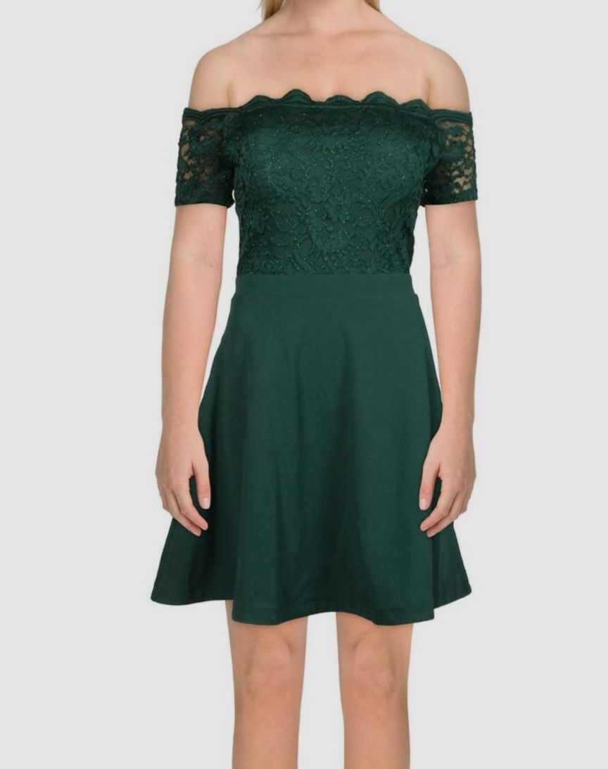 City Studio Juniors Womens Glitter Mini Fit & Flare Dress, Pine Green
