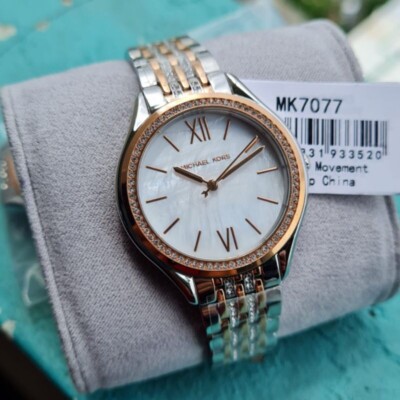 NEW AUTHENTIC MICHAEL KORS MINDY SILVER ROSE GOLD CRYSTALS WOMEN