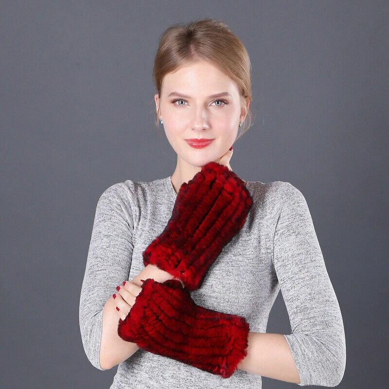 Fashion Women Fluffy Real Rex Rabbit Fur Gloves Elastic Wrist Fingerless Winter
