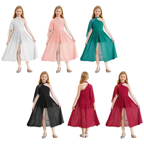 Girls Chiffon Dress Asymmetrical Lace Sleeve Romper Party Wedding Pageant Prom - Picture 2 of 54