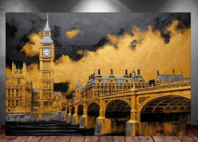 LEINWAND BILDER XXL ABSTRAKT BIG BEN LONDON SCHWARZ GOLD POP ART WAND POSTER