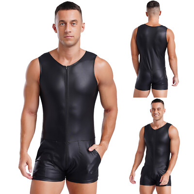 Herren Lederoptik Bodysuit Einteiler Overalls Unterwäsche Sexy Jumpsuit Clubwear