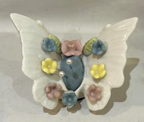 VTG Butterfly Pin Cushion Ardalt Bone China w Sculpted Floral Taiwan 2.5" x 3.5"