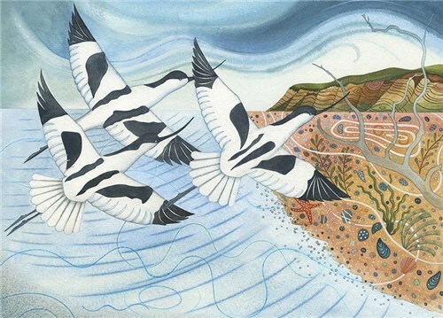Avocets over Shore  - Fine Art Blank Greeting / Birthday Card  - Wading Birds