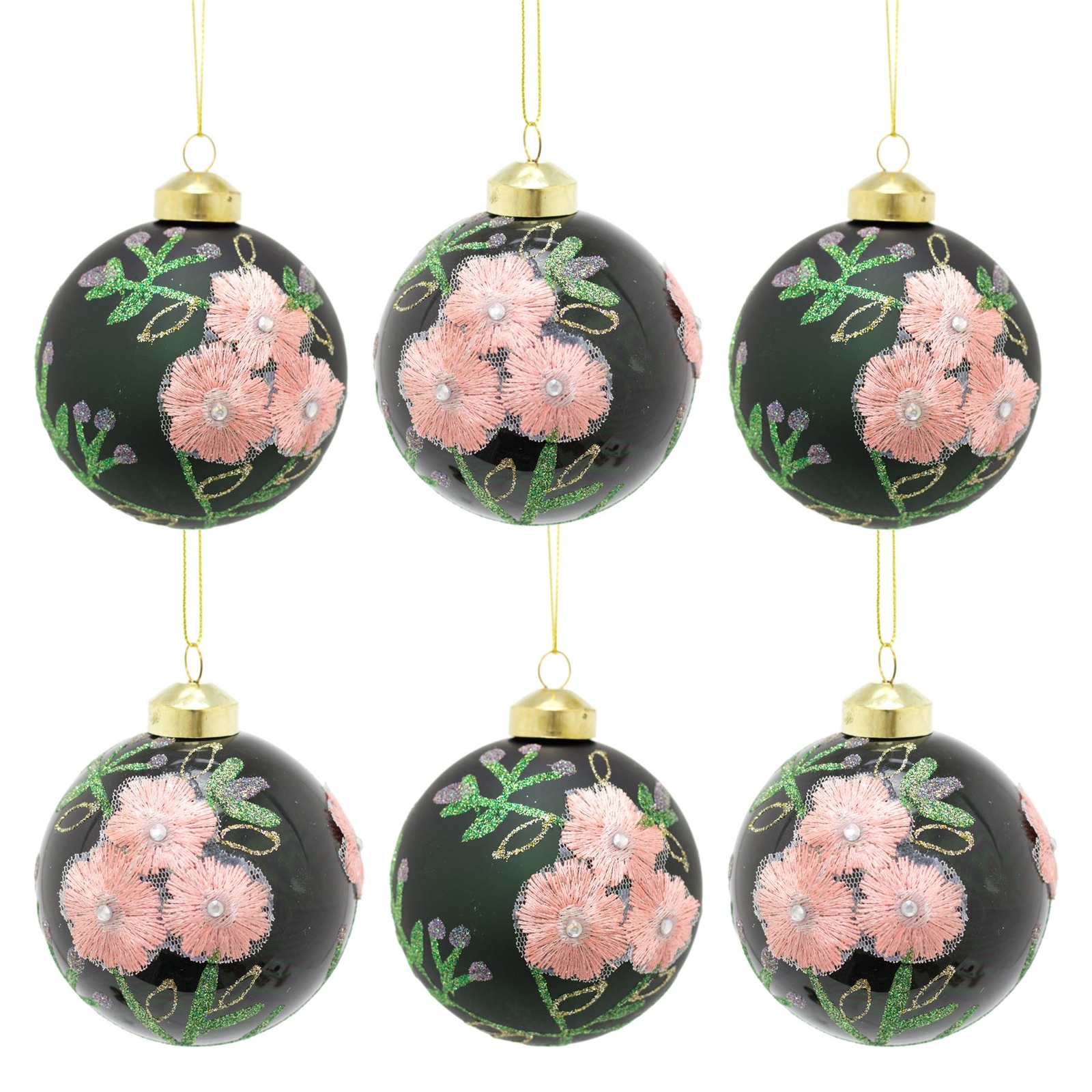 Set of 6 Floral Christmas Tree Baubles | Christmas Tree Hanging Ornaments