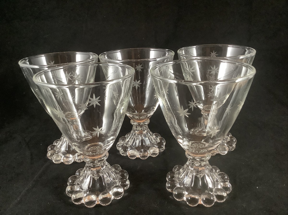 5 Vintage Anchor Hocking Etched Star Candlewick 4 Oz. Cordial