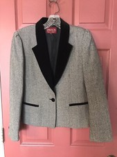 Womens VTG Sasson Black/White Wool Blend Blazer With Velvet Accents Size 10/11