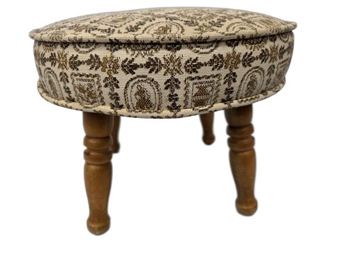 Vintage Small Round Footstool 14" x 10" Vinyl Upholstered Ottoman with Wood Leg - Picture 8 of 9