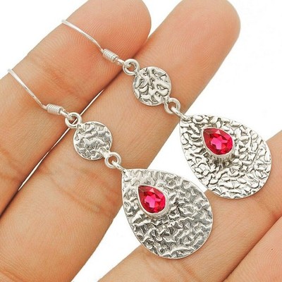 Natural Ruby 925 Sterling Silver EarRing 2 1/5'' Long @B6-7