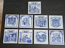 Vintage Set of 9 Delft Blue Holland Blue & White Tiles Pharmacy Apothecary